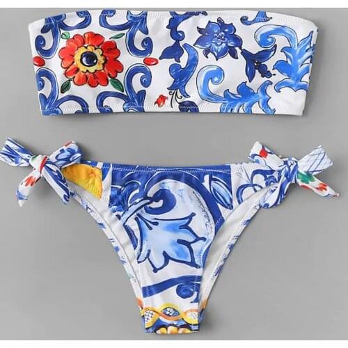 2021 Bikini Bandeau Ruffle Swimsuit Sexy Bikinis Women Swimwear Floral Printed Vintage Striped Bottom Bikini Set Bathing Suit #O