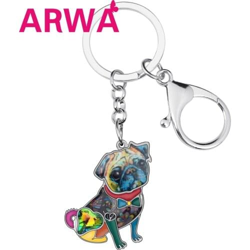 ARWA Enamel Alloy Rhinestone Floral Pug Dog Keychains Rings Car Purse Bag Animal Key Chain For Women Girl Teen Decoration Gift