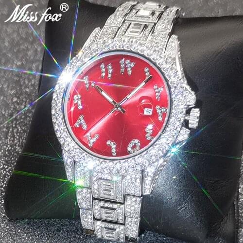 MISSFOX Men Watches Hip Hop Diamond Top Selling Red Watch Male Luxury Waterproof Sport 18K Iced Out Full Stainless Steel Clocks