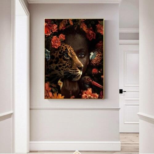 Black Women Animals Flower Poster and Prints Wall Art Canvas Painting Leopard and Black Women Picture for Living Room Home Decor