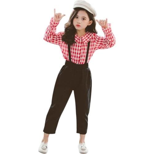 Kids Clothes Plaid Shirt & Jumpsuit Girls Outfits Flare Sleeve Suits Girl School Autumn Casual Childrens Suits For Teen Girls