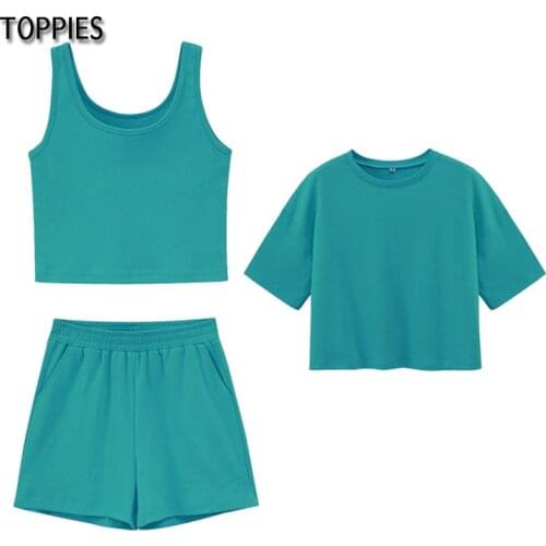 Toppies Summer Tracksuits Woman Three Piece Set Short T-shirts Sleeveless Tank Tops High Waist Shorts Casual Set