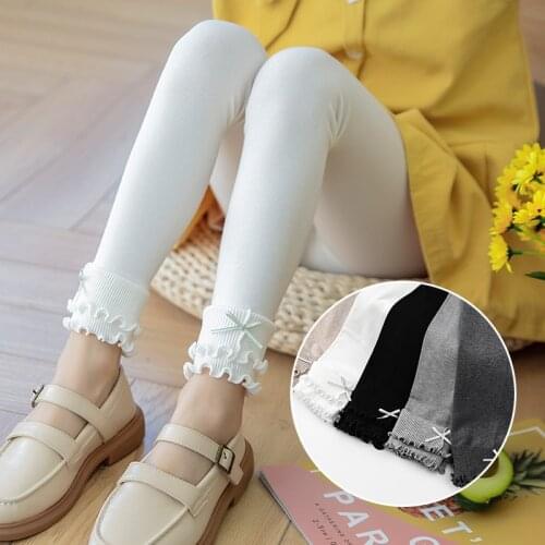 Fashion childrens clothing new girls' leggings spring and autumn double layer wood ears bowknot comfortable knitted trousers