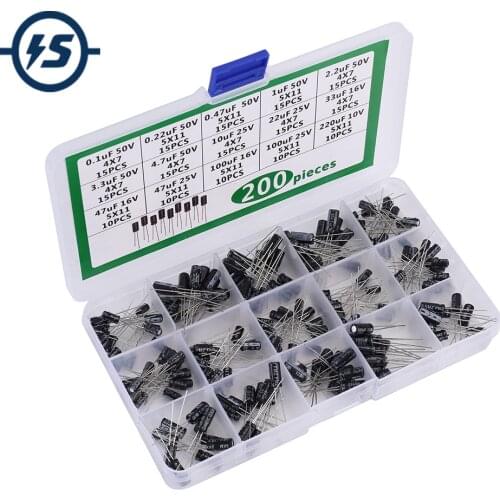 200pcs 15 Values Electrolytic Capacitor Kits 0.1uF/0.22uF/0.47uF/1uF/2.2uF/3.3uF/4.7uF/10uF/22uF/33uF/47uF/100uF/220uF 10V/16V