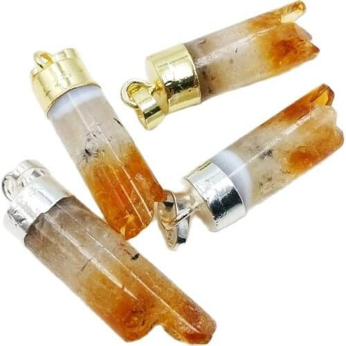 Natural columnar crystal druzy Pendant sil-ver Gold-Electroplated yellow citrines pillar charm For Women Fashion Necklace making