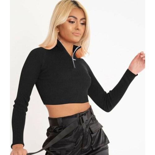 Newest Autumn Casual Womens Zipper Cropped Tops Women Long Sleeve Solid Color Slim Knit Sweatshirts Top