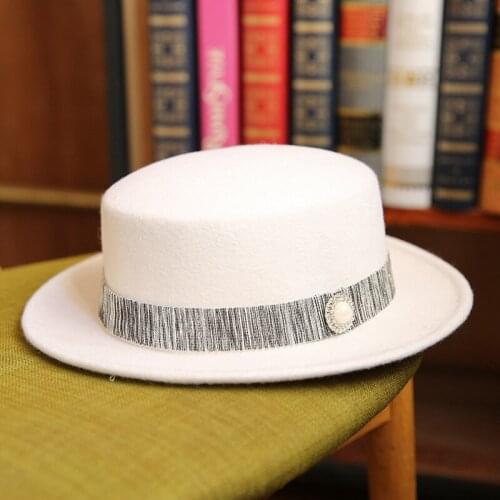 Short Brim White Flat Jazz Hat British Ladies Pure Wool Ribbon Fedoras Spring Autumn Cocktail evening Party Formal Hat Sombrero