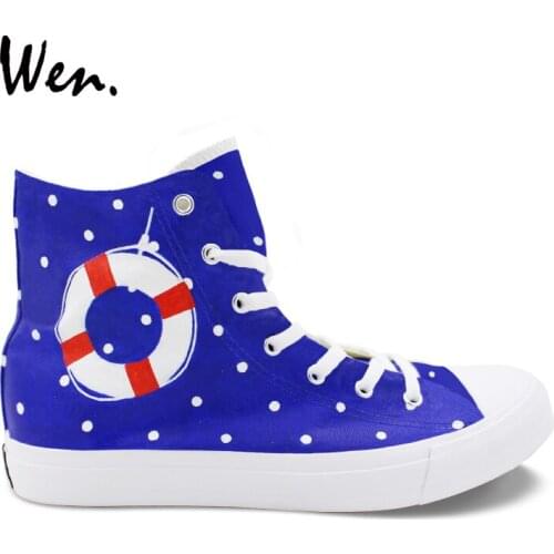 Wen Design Custom Sailing Boat Wave Point Hand Painted Original Shoes Men Canvas Shoes Women Sneakers High Top Plimsolls
