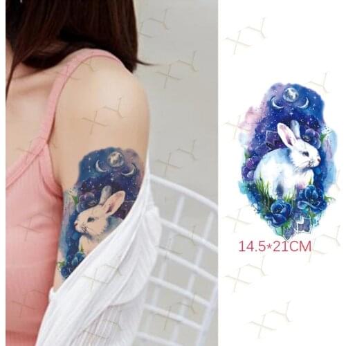 Waterproof Temporary Tattoo Sticker Blue Rose Rabbit Moon Flash Tattos Fox Wolf Animal Body Art Arm Fake Tatoo Women Men