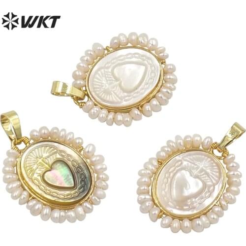 WT-JP254 Hot handmade carved white shell Sacred Heart pendant women wire wrapped with pearl charm in Mary heart shell