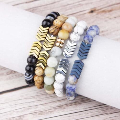 ZWPON Hematite Chevron Natural Stone Beaded Elastic Bracelets Bangles for Women Amazon Ball Arrow Bracelets Jewelry Wholesale