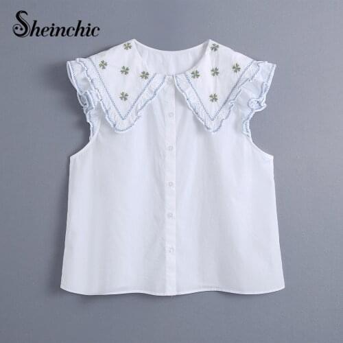 White Elegant Floral Embroidery Blusas Mujer De Moda 2021 Summer Casual Sleeveless Tops Women