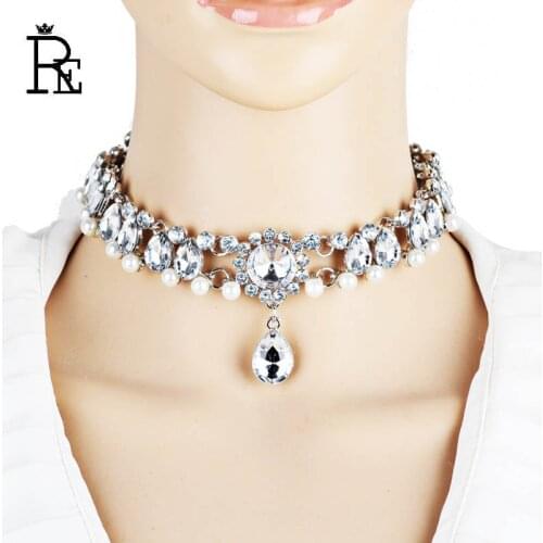 RE Rhinestone Tattoo Choker For Women Crystal Simulated Pearl Necklaces Silver Color Vintage Fashion Lace Chokers Gothic
