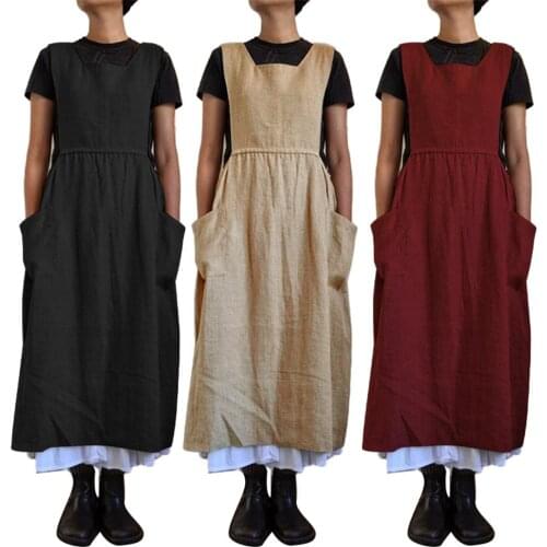 Women Solid Color Sleeveless Square Neck Pockets Cotton Linen Apron Long Dress