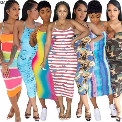 CM.YAYA summer women striped chain rainbow print halter neck open back bodycon midi mid-calf length dress sexy party dresses