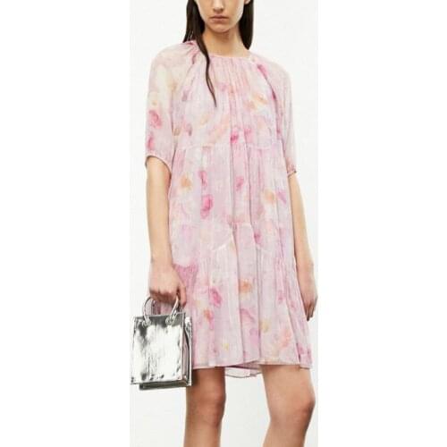 2021 New Women O-Neck Dress Lady Half Sleeve Ruffles Trim Spring Summer Blooming Flowers Print Back lace-up Short Dresses