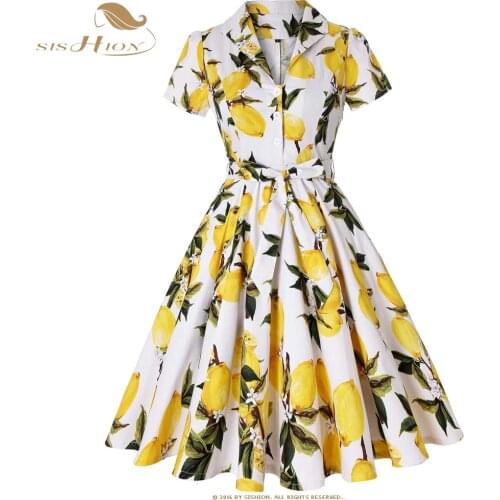 SISHION Cotton Plus Size summer Vintage Dresses Lemon Print Floral White Yellow 1950s Style Elegant Party Dress Plus Size SD0002
