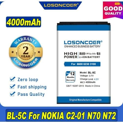 4000mAh BL-5C Battery For Nokia C2 C1 1100 6600 6230 C2-06 X2-01 1108 1110 1112 1116 1200 1208 1209 n70 n71 n91 3105 N72 Battery