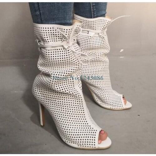 Peep Toe Breathable Mesh Thin High Heel Sandals Boots Lace Up Pleated Stiletto Heel Sandals White Leather Casual Ladies Shoes