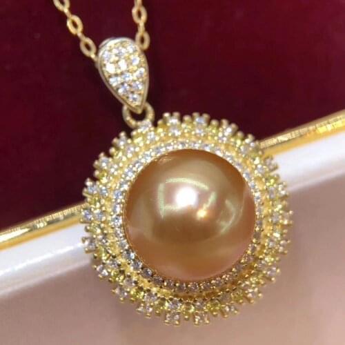 D915 Pearl Pendant Fine Jewelry Gold Filled Round 12-13mm Sea Water Golden Pearls Pendants Necklaces for Women Presents