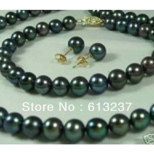 Hot wholesale new Fashion Style diy 7-8mm Black Cultured Pearl Necklaces Bracelets Earrings Set MY4573