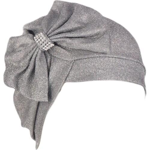 Women Muslim Hijab Turban Hat Cross Front Forehead Rhinestone Big Bow Bonnet Head Scarf Islamic Ruched Headwrap Cap