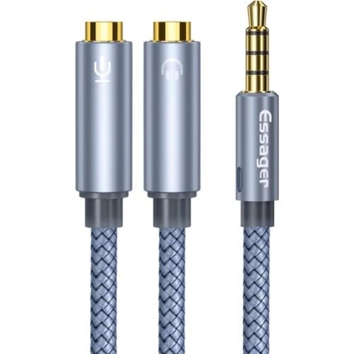 Essager 2021 New 3.5mm Mic Headset Splitter Adapter 2 Microphones In 1 Cable 4-Pole Male To Dual Female Headphone Microphone