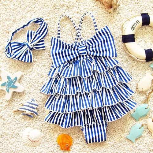 Blue Striped Tiered Princess Girls Swimwear One Piece+Headband Baby Kids Swimming Clothes Children Swimsuits Bathing Suits DBE