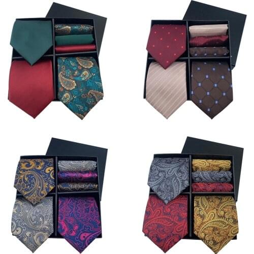 Fashion Paisley Floral Ties for Men Silk Neck Tie and Pocket Squares Sets Mens Green Neck Ties Blue Neckties Grey Necktie A070