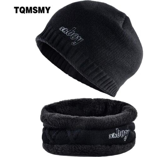 Fashion Winter Hat Scarf sets For Men Letters Embroidery Knitted Wool Skullies Beanies Hip Hop Caps Boys Thick Add Velvet Bonnet
