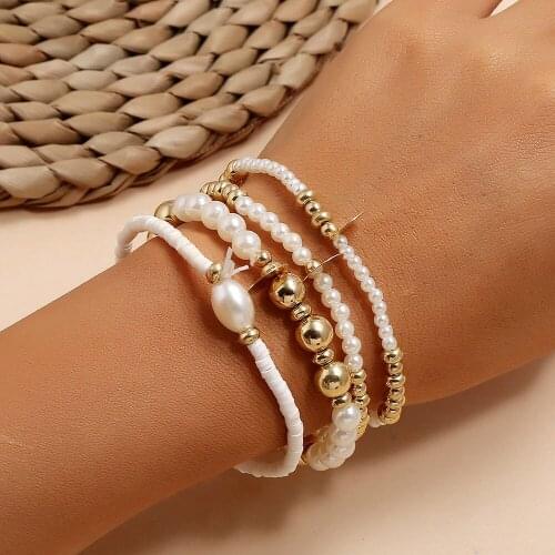 Yobest Multilayer Beaded Bracelets Set Color Beads Pearl Fashion Charm Party Jewelry Gift for Women 4pcs/set Gold Link Chain