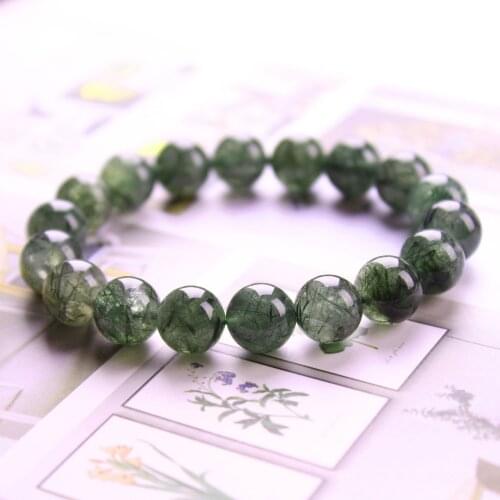 Real natural stone green hair crystal round bead elastic bracelet for men and women Charm gem healing bracelet Fine jewelry gift