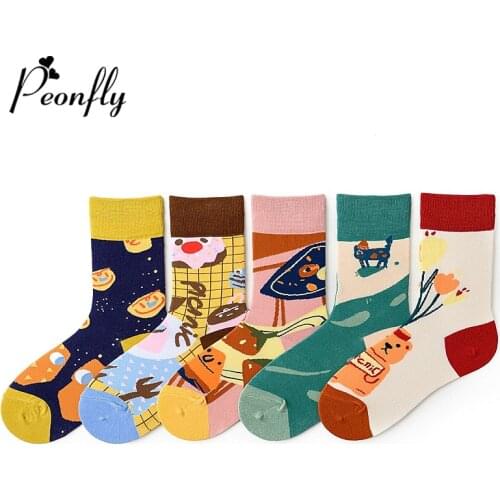PEONFLY New 2020 Spring Summer Happy Socks Funny Abstract Printed Korean Calcetines Casual Dessert Creative Art Harajuku Socks