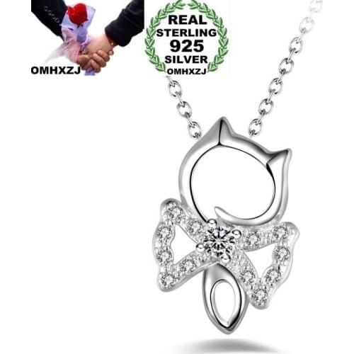 OMHXZJ Wholesale Personality Fashion OL Woman Girl Gift Cat White Amethyst AAA Zircon 925 Sterling Silver Pendant Necklace NC88