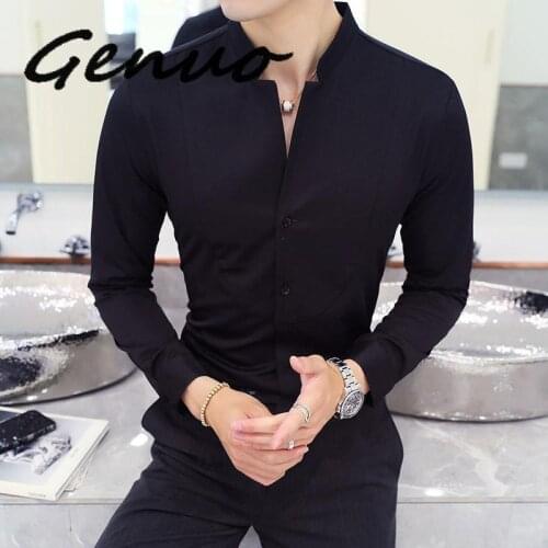 Fall Winter Stand Collar Mens Long-sleeved Dress Shirts Black Red White Slim Elegant Youth Male Business Wedding Formal Shirt
