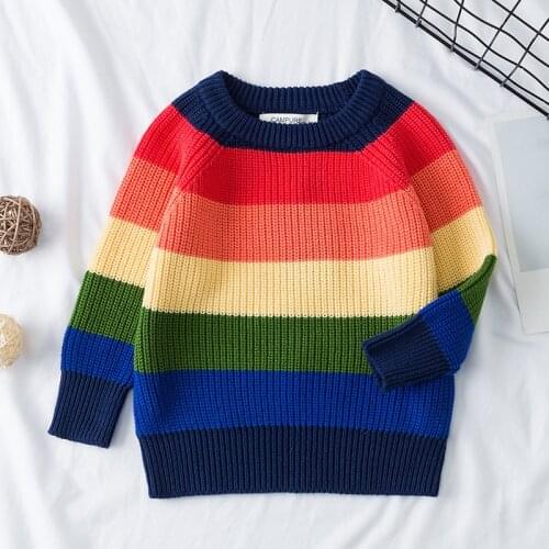 Fall Rainbow Stripe Candy Color Knitting Boys Girls Kids Pullover Sweater Winter Children Clothes Long Sleeve Baby Tops T Shirt