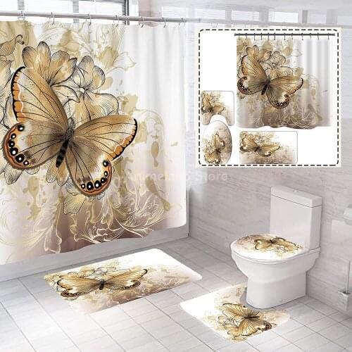 Luxury Golden Butterfly Shower Curtain With Non Slip Rug Mat Bathroom Curtain Waterproof Polyester Bathroom Curtain with Hooks