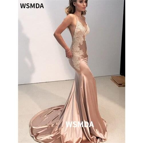 Sexy Mermaid Lace Evening Dresses Long Prom Gown Spaghetti Straps Backless Sweep Train Shiny Satin Evening Party Dress for Women
