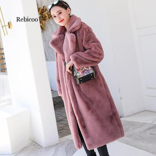 Winter Women High Quality Faux Rabbit Fur Coat Luxury Long Fur Coat Loose Lapel OverCoat Thick Warm Plus Size Female Plush Coats
