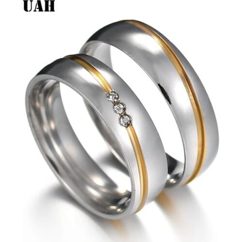 UAH 6MM Stainless Steel Couple Rings Silver Color Wedding Crystal Ring For Lovers Romantic Elegant Engagement Party Jewelry