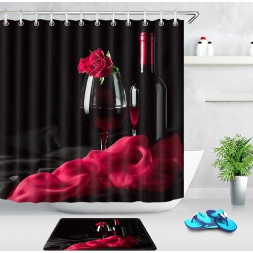 Valentines Day Fabric Shower Curtains Romantic Red Wine Rose Bathroom Curtain Waterproof Polyester Bath Curtain Home Decor