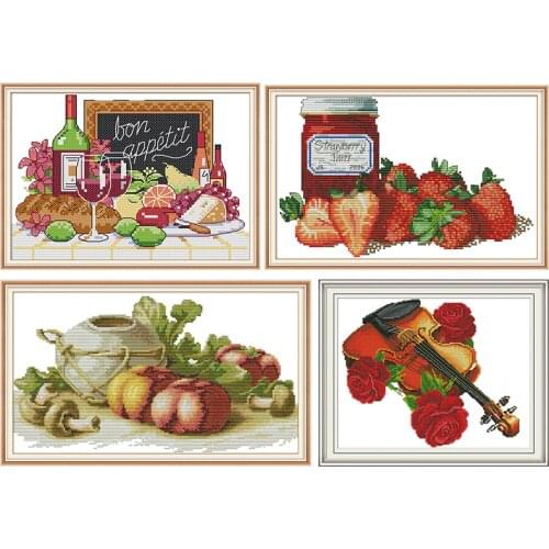Needlework, Strawberry Jam and Violin,Wine and Tomatoes Patterns Counted Cross-Stitch,DIY Handmade DMC Cross stitch kits