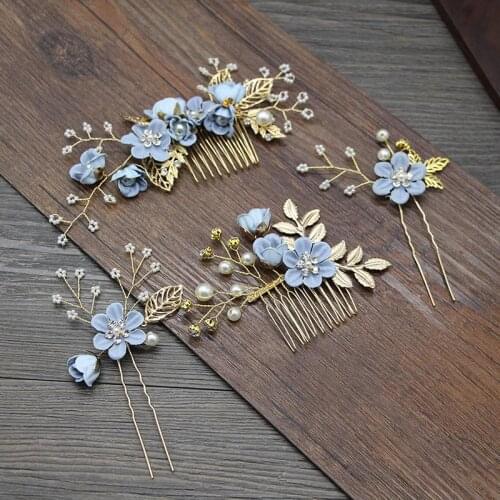 Ladies Delicate Luxury Wedding Party Hair Jewelry Women Handmade Flower Hair Comb Hair Pins Girls Candy Blue Color Hair Jewelry