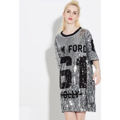 TREND-Setter 2018 Summer Fashion Hip Hop Style Sequins T shirt Women Long Loose T-shirt Letter "61" Tops Dance Clothes