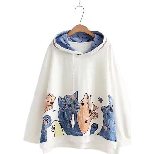 Kawaii Cat Printed Hoodies Female Lace Patchwork Hem Autumn Outerwear 2018 New Womens Funny Loose Hooded Tracksuit Sweatshirts
