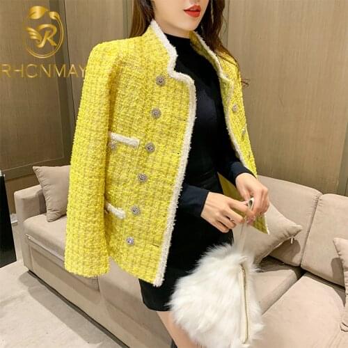 Autumn New Fashion Women Stand Collar Plaid Yellow Tweed Jacket Pearls Double Breasted Vintage Elegant Ladies Tassels Twill Coat