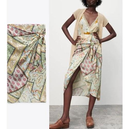 Za Vintage Print Midi Summer Skirt Women 2021 High Waist Asymmetric Hem Ruching Skirts Female Fashion Side Pared Wrap Skirt