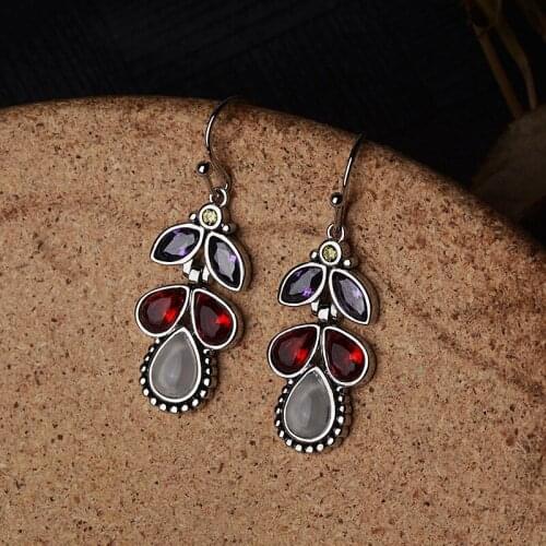 BLACK ANGEL Fashion Colorful Gemstone Moonstone Drop Earrings for Women Water Drop Shaped Female 925 Silver Jewelry Gift