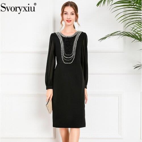 Svoryxiu 2021 New Designer Autumn Fashion Black Office Lady Dress Womens Beaded Lace Lantern Sleeve Slim Midi Dresses Vestdios