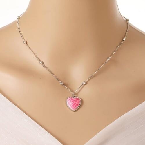 Minar Sweet Pink Striped Love Heart Pendant Necklace for Women Silver Color Beaded Chain Chokers Necklaces Wedding Accessories